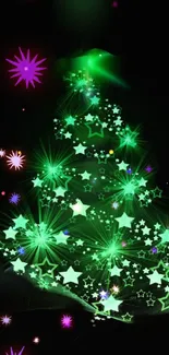 Glowing green Christmas tree with starry design on a dark background.