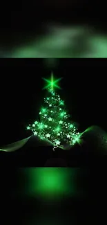 Glowing green Christmas tree on a dark background.