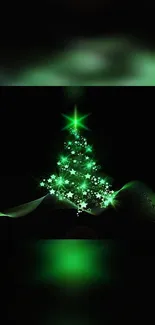 Glowing green Christmas tree with stars on black background.