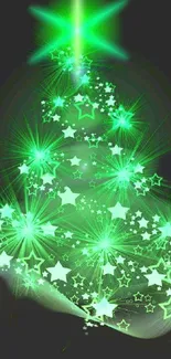 Glowing green Christmas tree with stars on mobile wallpaper.