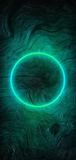 Teal green glowing circle on dark wood texture background.