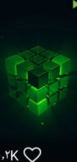 A glowing green cube on a dark background for mobile wallpaper.