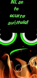 Dark background with glowing green emoji eyes expressing emotion.