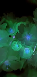 Glowing green floral wallpaper with blue accents.