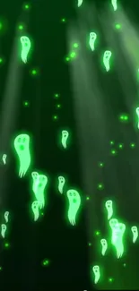 Mobile wallpaper with glowing green ghosts on a dark background.