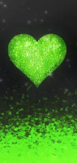 Neon green heart on black background with gradient effect.