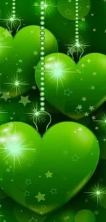 Vibrant glowing green hearts with stars.