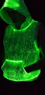 Glowing green hoodie in a dark background.