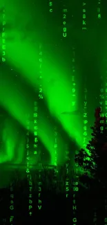 Matrix-themed green aurora wallpaper with digital code overlay.