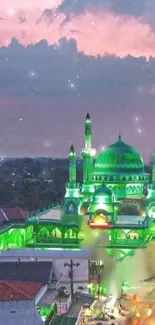 A beautifully illuminated green mosque glowing under a night sky with twinkling stars.