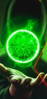 Futuristic wallpaper with glowing green orb and mysterious figure in neon effects.