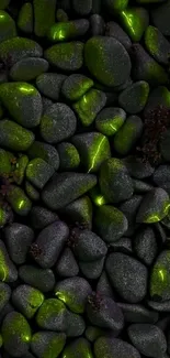 Mobile wallpaper featuring glowing green stones in a dark natural setting.