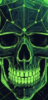 Glowing green skull digital art wallpaper on dark background.