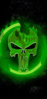 Green glowing skull emblem on a dark background wallpaper.