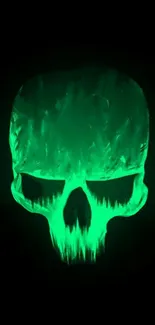 Eerie glowing green skull on dark background.