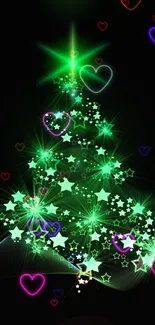 Glowing green Christmas tree mobile wallpaper with starry accents.