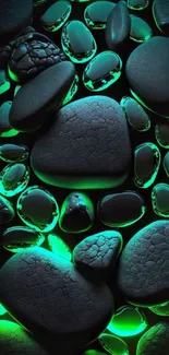 Glowing green stones on a dark backdrop, creating an ethereal mobile wallpaper.