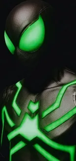 Glowing green superhero with neon lights and dark background.