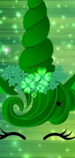 Green unicorn wallpaper with glowing horn and flowers.