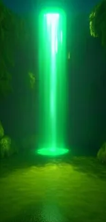 Vibrant glowing green waterfall in a lush digital art setting.