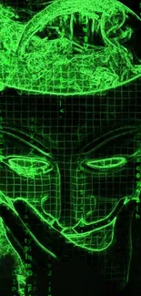 Neon green digital hacker mask design on a dark background.