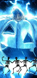 Glowing blue pumpkin with skeletons dancing.