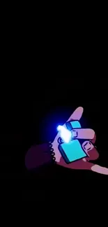 Illustrated hand holding a glowing lighter on dark background.