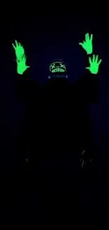 Neon green glowing hands against dark background.