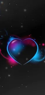 Vibrant neon glowing heart on dark background wallpaper.