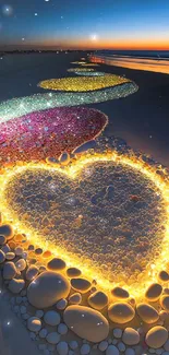 Glowing heart pathway on beach with colorful stones under a dark blue night sky.