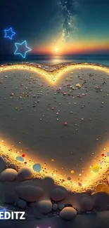 Glowing heart on sandy beach with a starry sunset background.