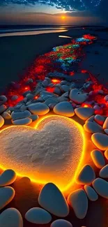 Glowing heart-shaped stones on a colorful moonlit beach scene.