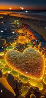 Glowing heart-shaped stones on a beach at sunset, creating a peaceful scene.