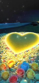 Glowing heart sand art surrounded by colorful roses on a night beach.