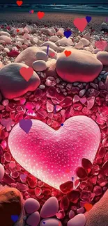 Glowing pink heart on a beach of stones at dusk.