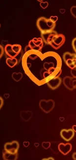 Glowing heart-shaped bokeh on dark red background.