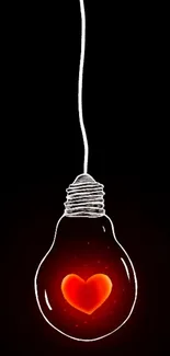 Heart glowing inside light bulb on dark background.