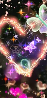 Glowing heart with butterflies and stars on mobile wallpaper.