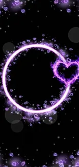 Neon purple heart circle glowing wallpaper with dark background.