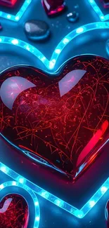 Luminous digital heart art with glowing blue accents on a phone wallpaper.