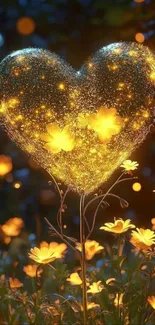 Glowing heart and flowers in a fantasy scene.
