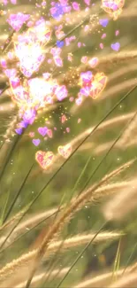 Mobile wallpaper with glowing hearts in a vibrant grassy field.