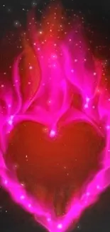 Pink heart-shaped flames with sparkling stars on black background.