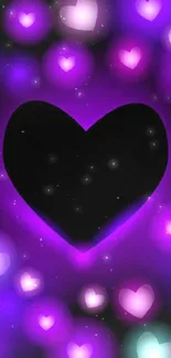 Mobile wallpaper with glowing heart and purple hues.