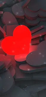 Glowing red heart on a dark background with black hearts.