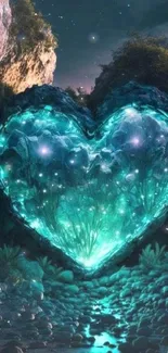 Glowing heart in a mystical forest landscape with teal and green hues.