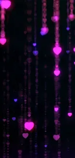 Mobile wallpaper with glowing pink heart lights.