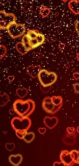 Mobile wallpaper with glowing hearts and sparkles on a dark red background.