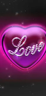 Dazzling pink heart wallpaper with crystal 'Love' text, perfect for romantic vibes.