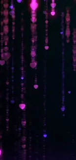 Wallpaper with glowing magenta heart shapes cascading down a dark background.